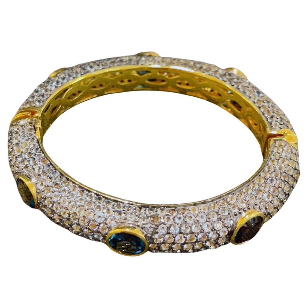 Bochic “Capri” London Topaz & White Zircon Bangle Set in 22k Gold & Silver For Sale