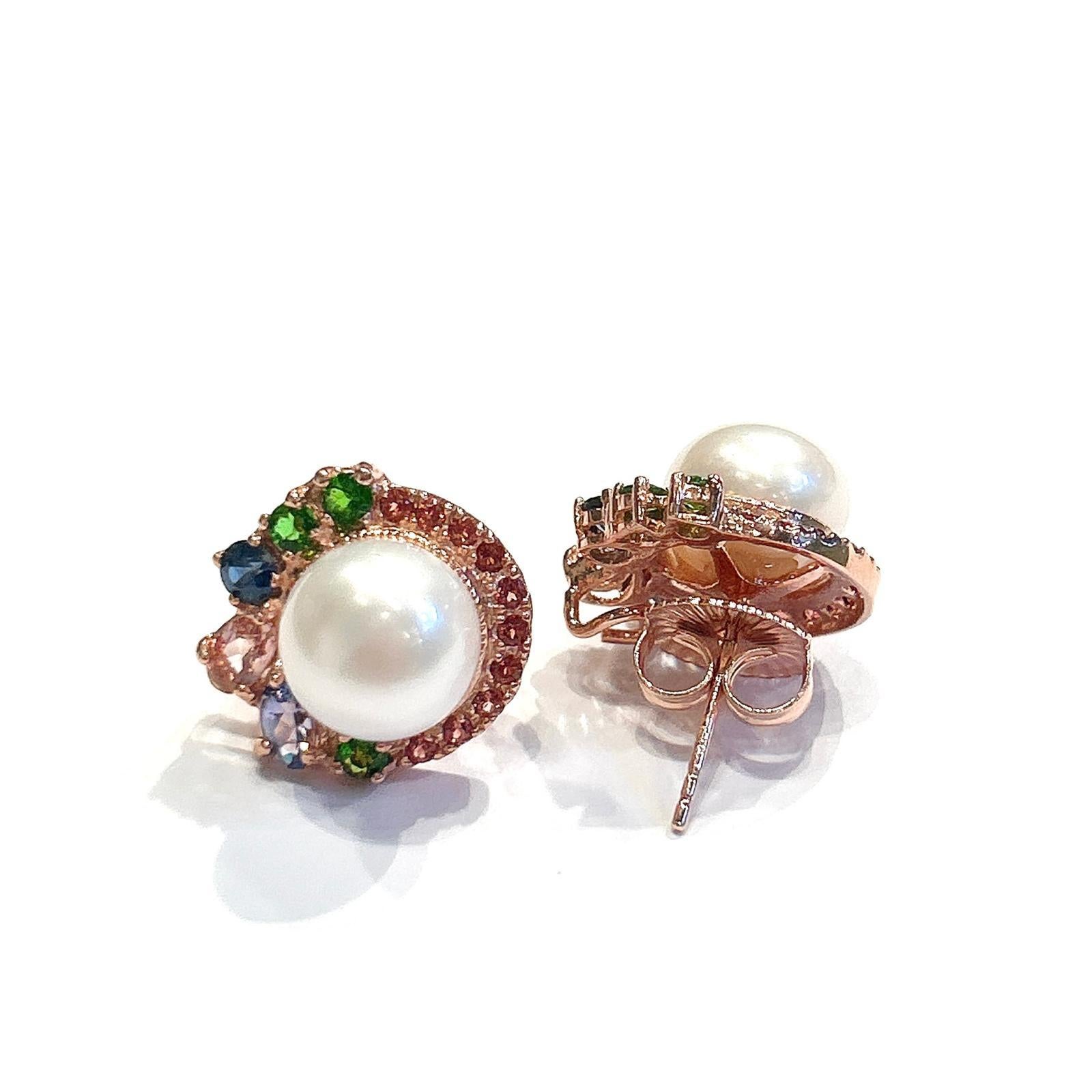 Brilliant Cut Bochic “Capri” Multi Color Gem & Pearl Earrings Set In 18K Gold & Silver For Sale