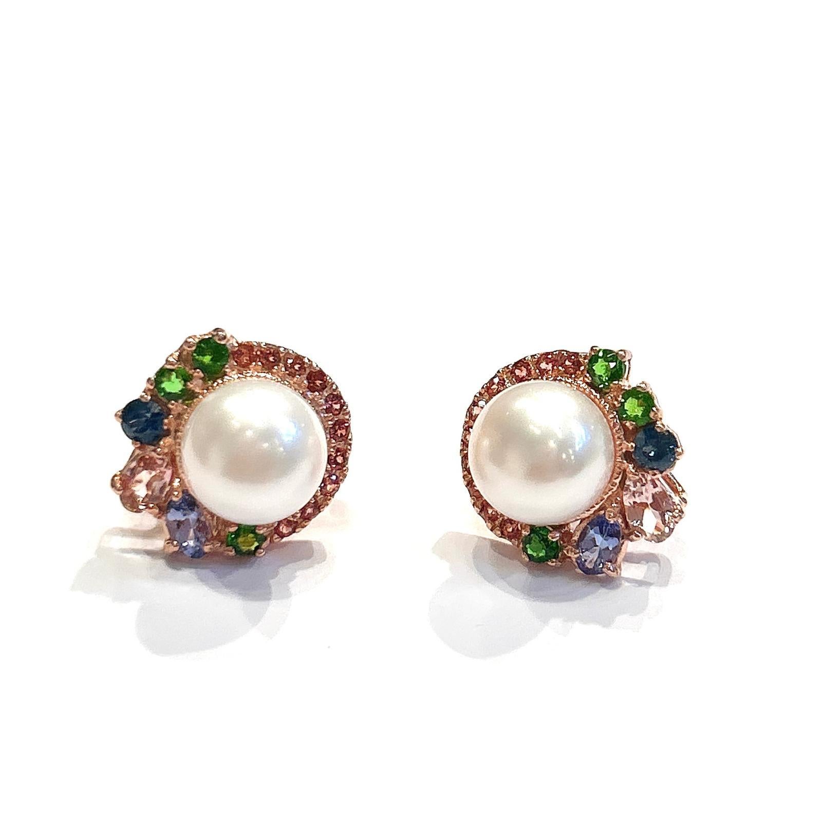 Women's or Men's Bochic “Capri” Multi Color Gem & Pearl Earrings Set In 18K Gold & Silver For Sale