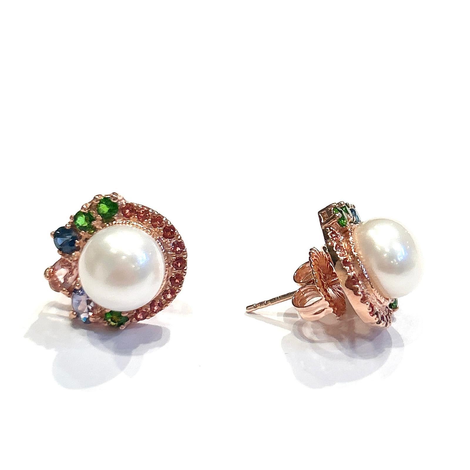Bochic “Capri” Multi Color Gem & Pearl Earrings Set In 18K Gold & Silver For Sale 2