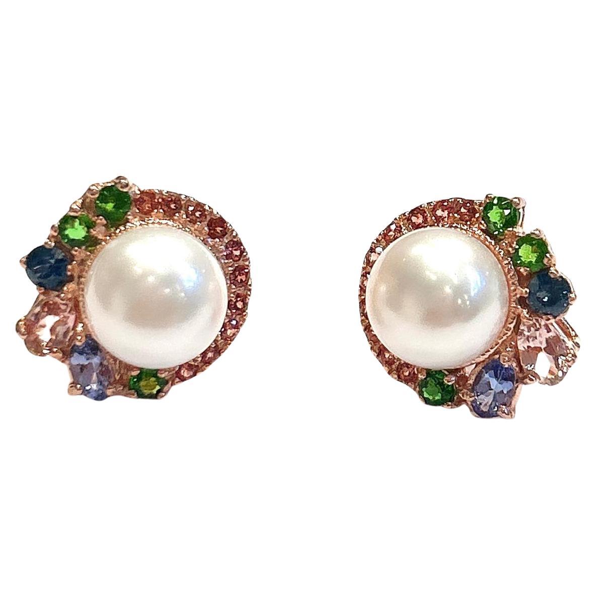 Bochic “Capri” Multi Color Gem & Pearl Earrings Set In 18K Gold & Silver For Sale
