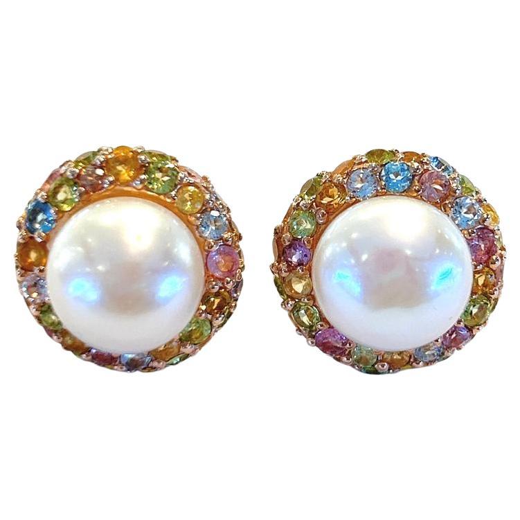 Bochic “Capri” Multi Color Sapphire Clip on Earrings Set In 18K Gold & Silver  For Sale