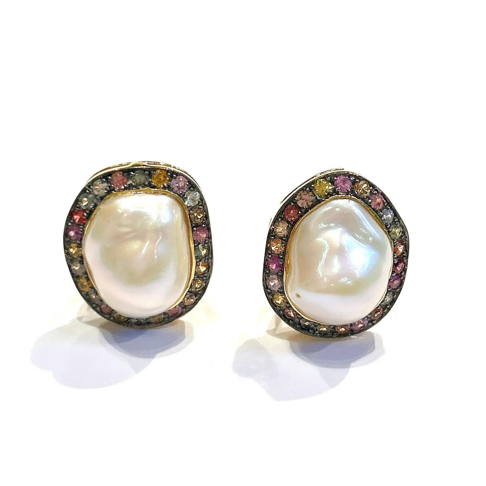 Bochic “Capri” Multi Color Sapphire & Pearl Earrings Set In 18K Gold & Silver 4