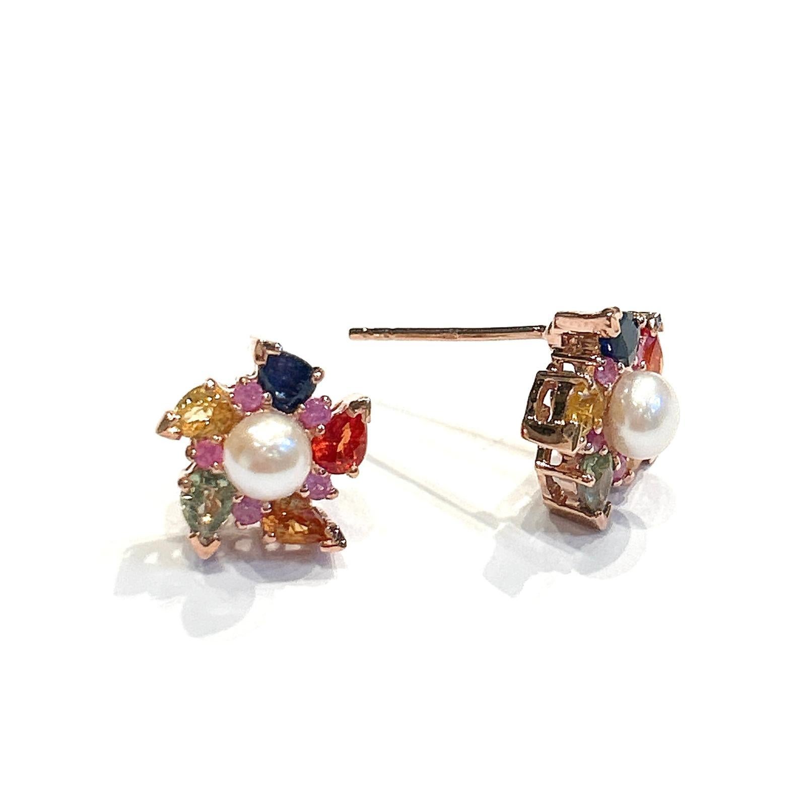 Bochic “Capri” Multi Color Sapphire & Pearl Earrings Set In 18K Gold & Silver For Sale 5