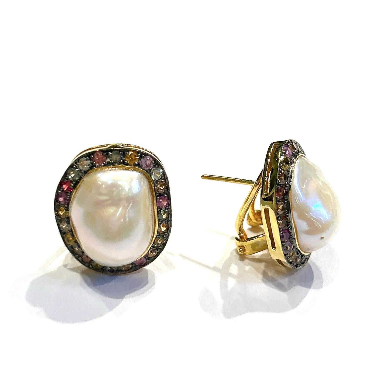 Bochic “Capri” Multi Color Sapphire & Pearl Earrings Set In 18K Gold & Silver 6