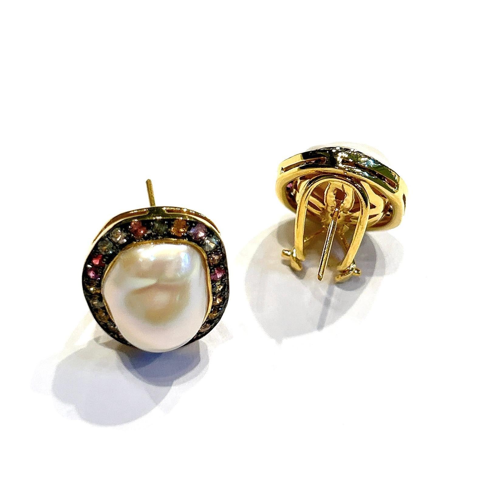Brilliant Cut Bochic “Capri” Multi Color Sapphire & Pearl Earrings Set In 18K Gold & Silver