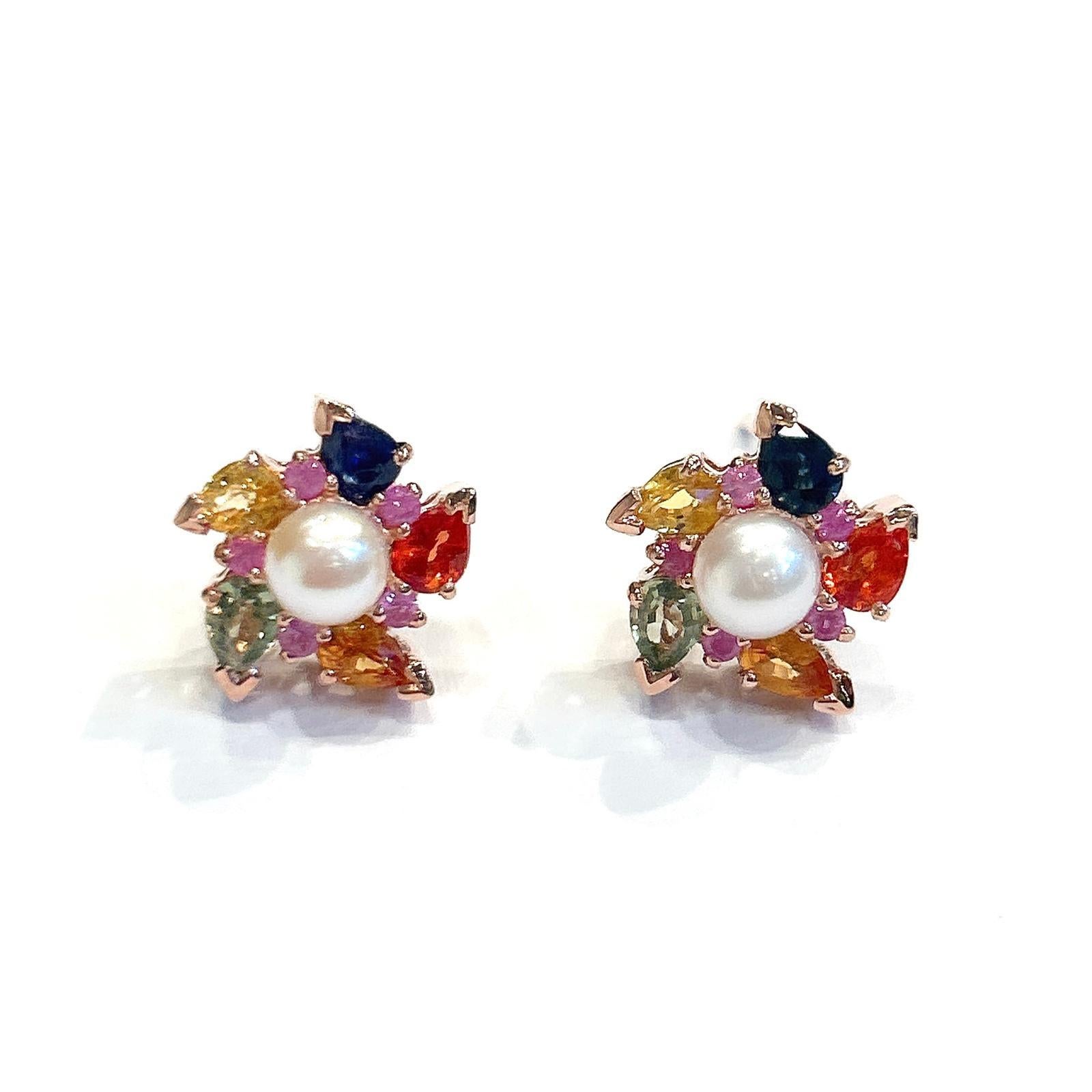 Bochic “Capri” Multi Color Sapphire & Pearl Earrings Set In 18K Gold & Silver In New Condition For Sale In New York, NY