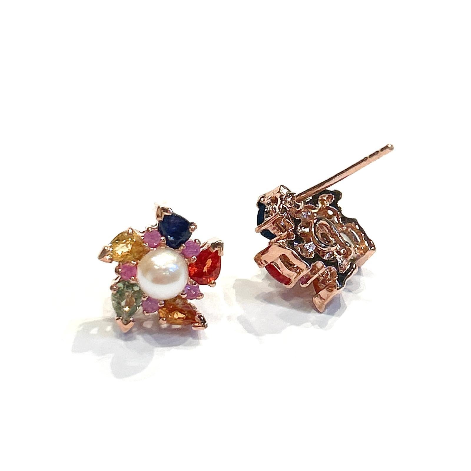 Women's or Men's Bochic “Capri” Multi Color Sapphire & Pearl Earrings Set In 18K Gold & Silver For Sale