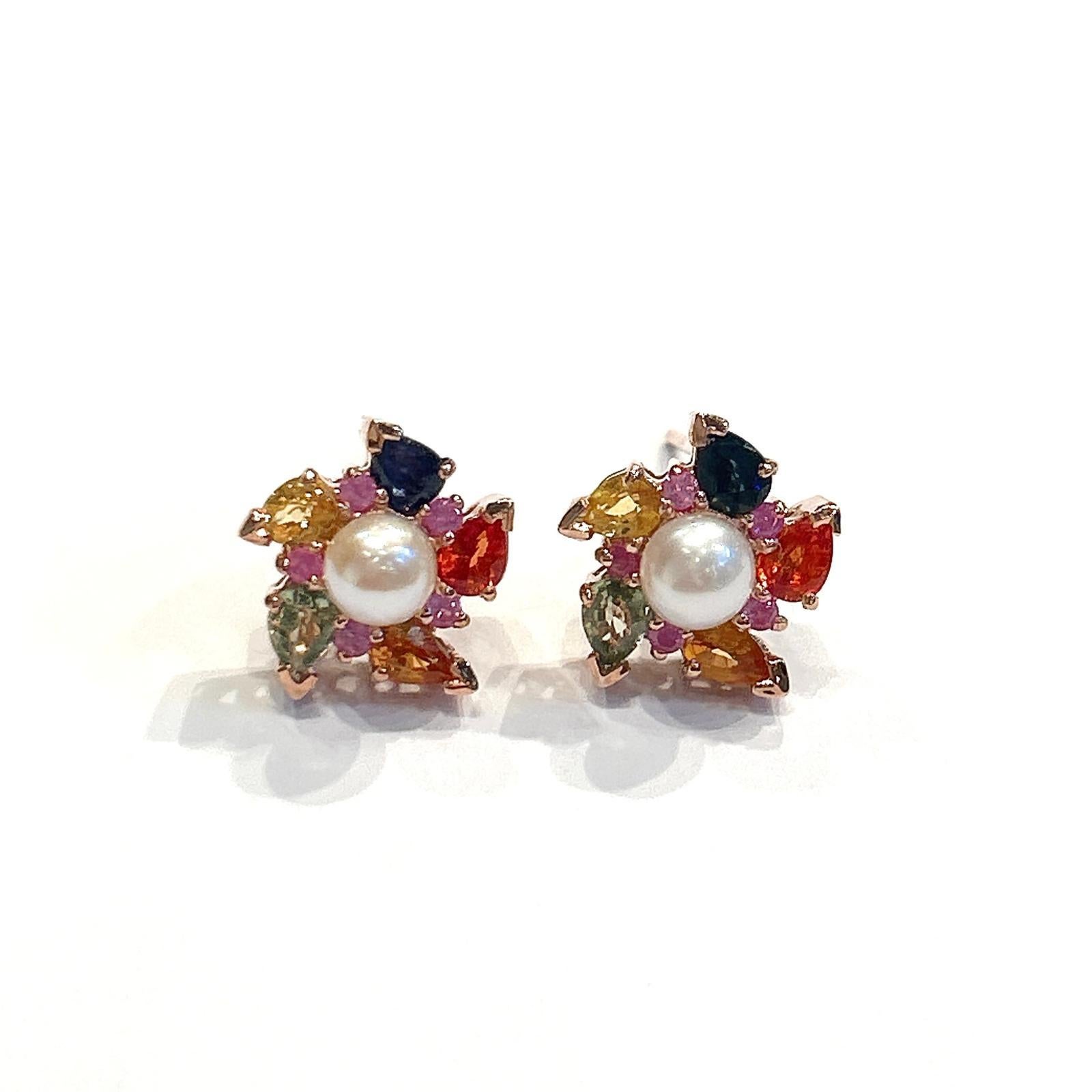 Bochic “Capri” Multi Color Sapphire & Pearl Earrings Set In 18K Gold & Silver For Sale 1