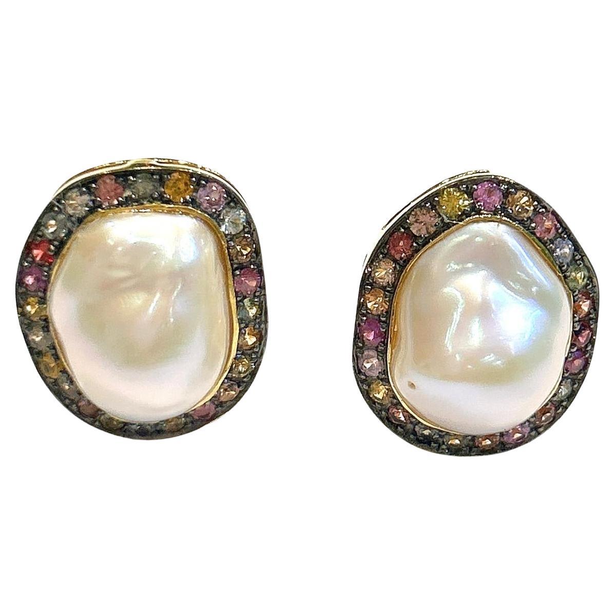 Bochic “Capri” Multi Color Sapphire & Pearl Earrings Set In 18K Gold & Silver