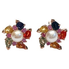 Bochic “Capri” Multi Color Sapphire & Pearl Earrings Set In 18K Gold & Silver