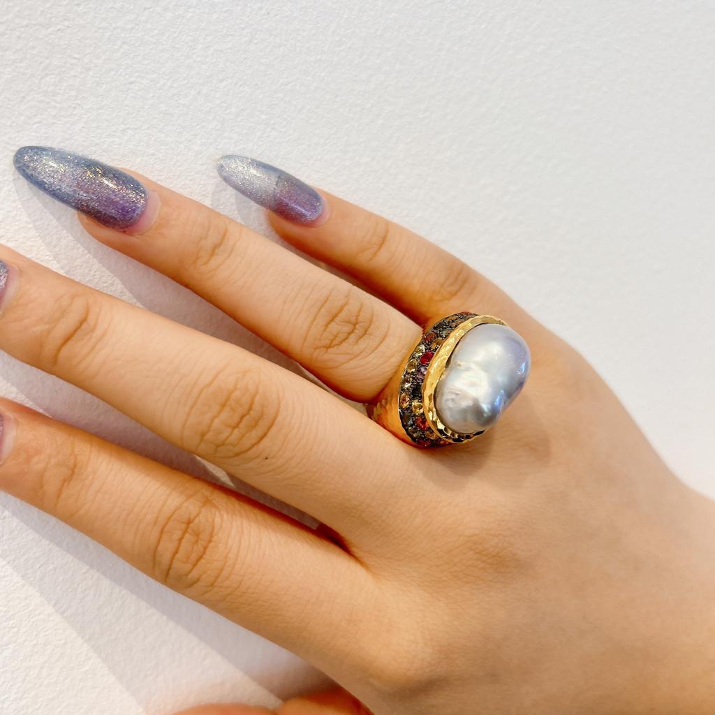Baroque Bochic “Capri” Multi Color Sapphire & Pearl Ring Set In 18K Gold & Silver  For Sale