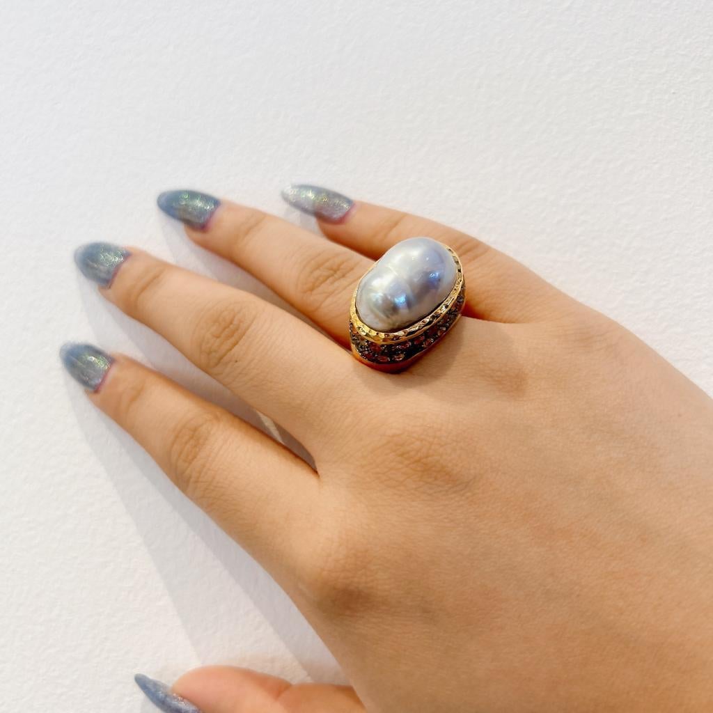 Brilliant Cut Bochic “Capri” Multi Color Sapphire & Pearl Ring Set In 18K Gold & Silver  For Sale