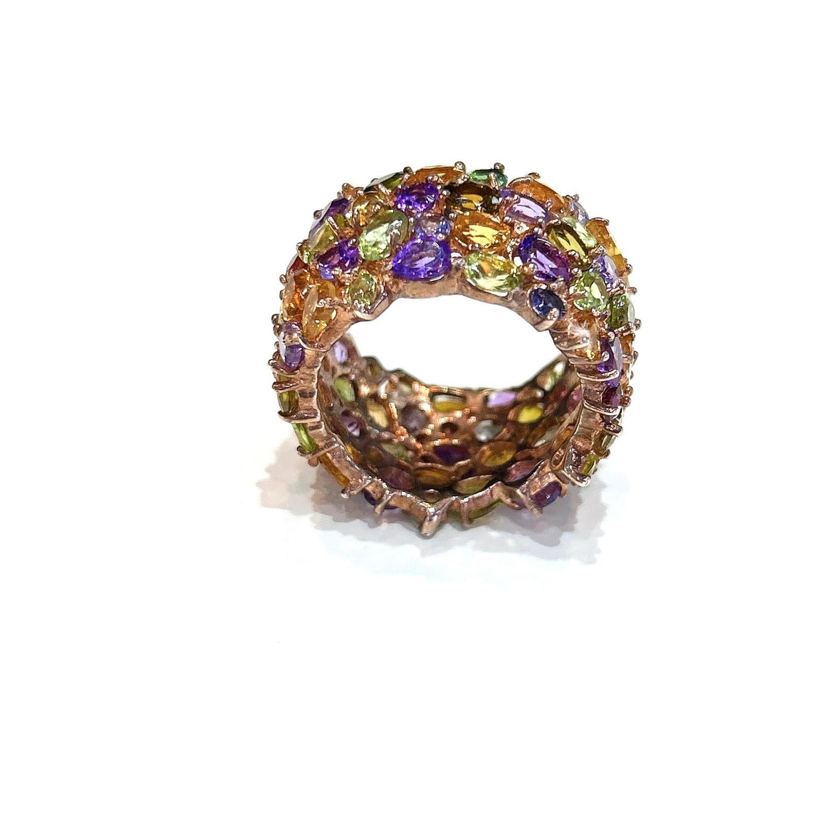 Brilliant Cut Bochic “Capri” Multi Color Tourmalines & Amethyst Ring Set In 18K Gold & Silver