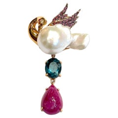 Bochic “Capri” Multi Gem & Pearl Peacock Brooch/Pendent Set In 18K & Silver