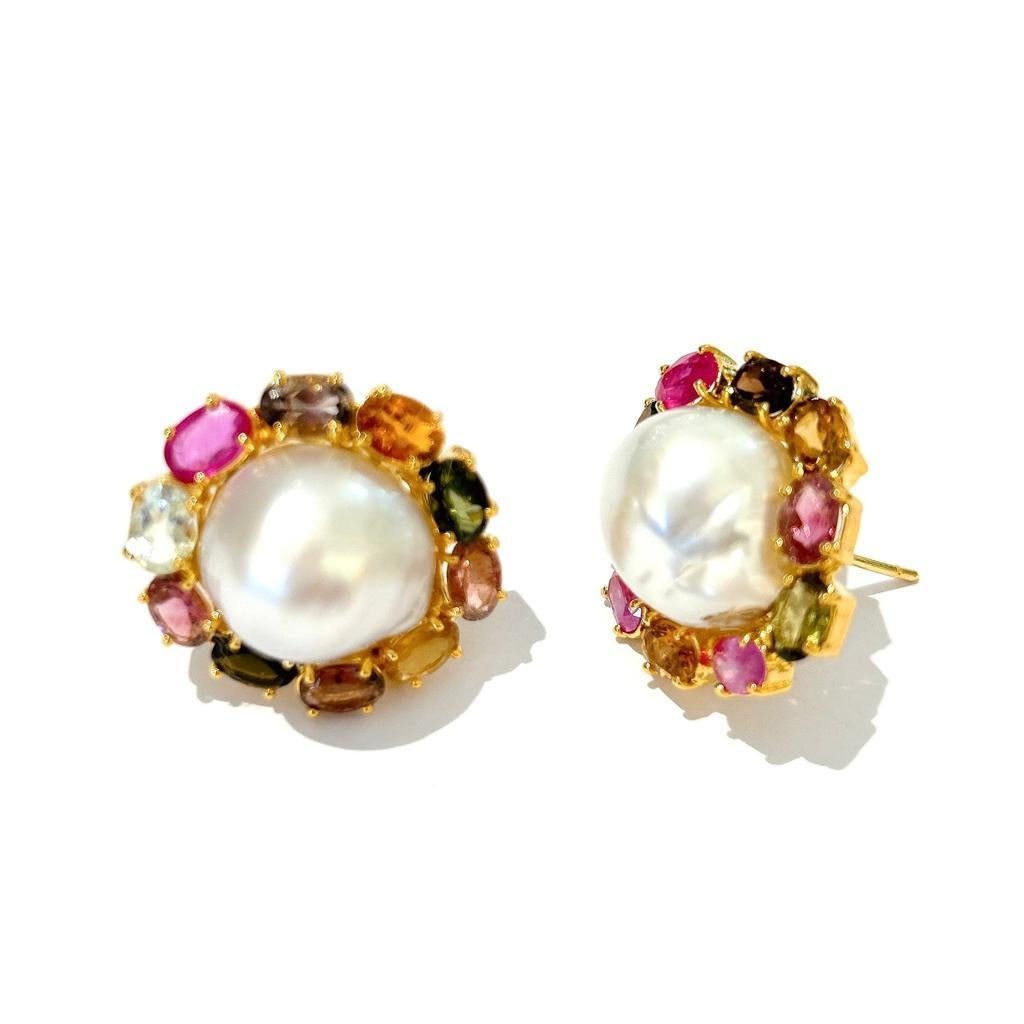 Art Nouveau Bochic “Capri” Multi Gem & South Sea Pearl Earrings Set In 18K Gold & Silver  For Sale