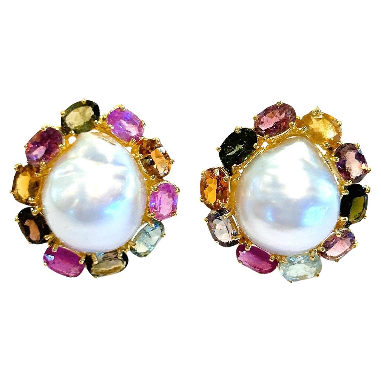 Bochic “Capri” Multi Gem & South Sea Pearl Earrings Set In 18K Gold & Silver  For Sale
