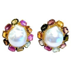 Bochic “Capri” Multi Gem & South Sea Pearl Earrings Set In 18K Gold & Silver