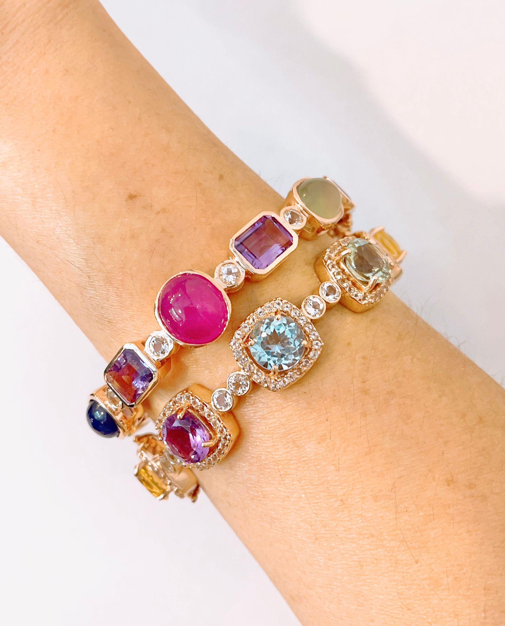 Belle Époque Bochic Capri” Multi Natural Gem Bangle Set in 22k Gold & Silver  For Sale