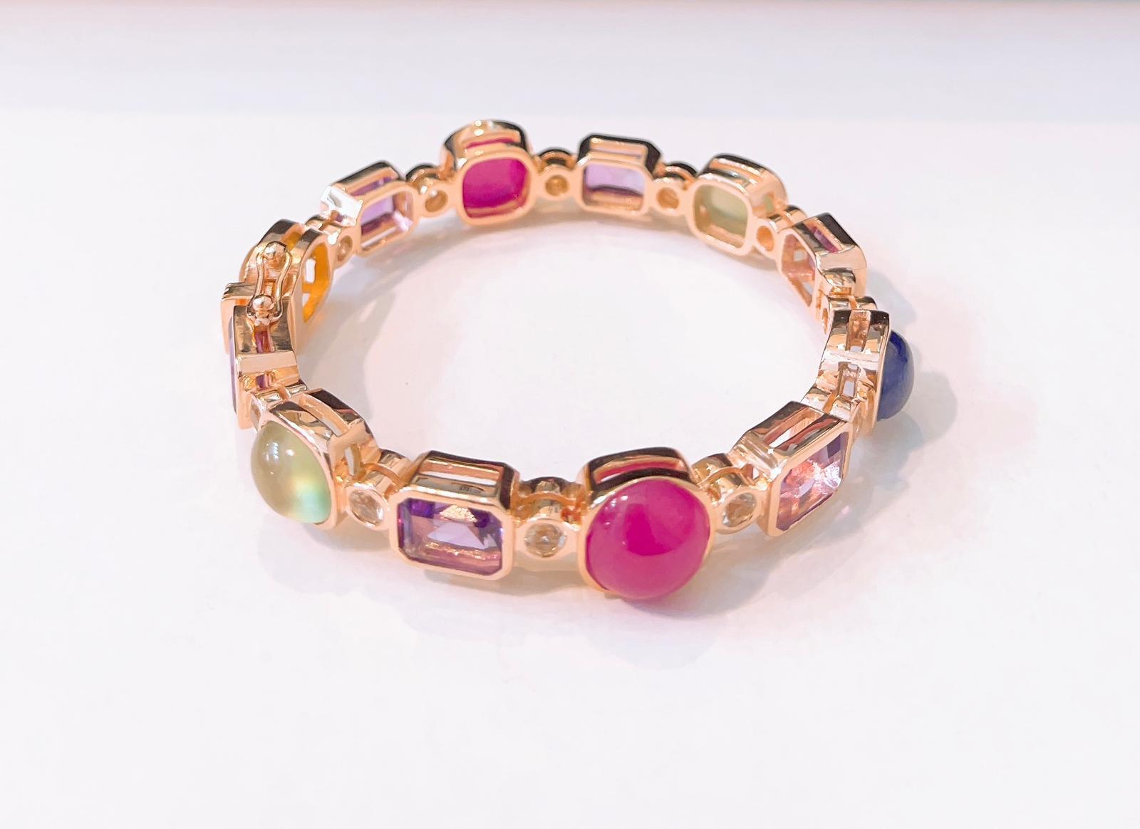 Bochic Capri Multi Natürlicher Edelstein-Armreif aus 22 Karat Gold und Silber (Cabochon)