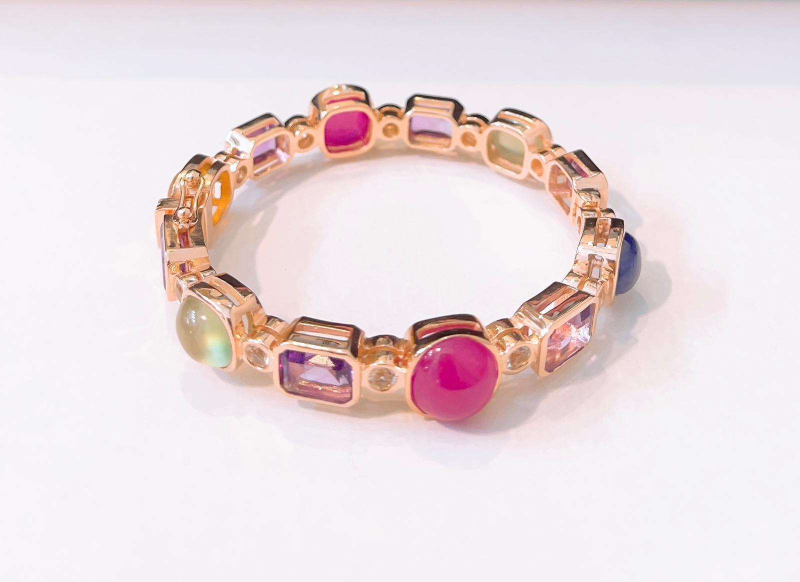 Cabochon Bochic “Capri” Multi Natural Gem Bangle Set in 22k Gold & Silver For Sale