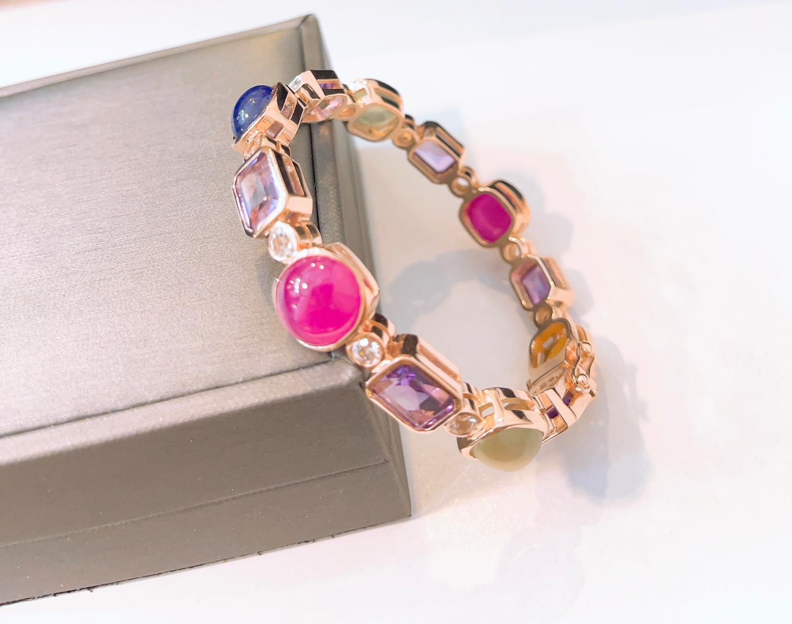 Bochic “Capri” Multi Natural Gem Bangle Set in 22k Gold & Silver In New Condition For Sale In New York, NY