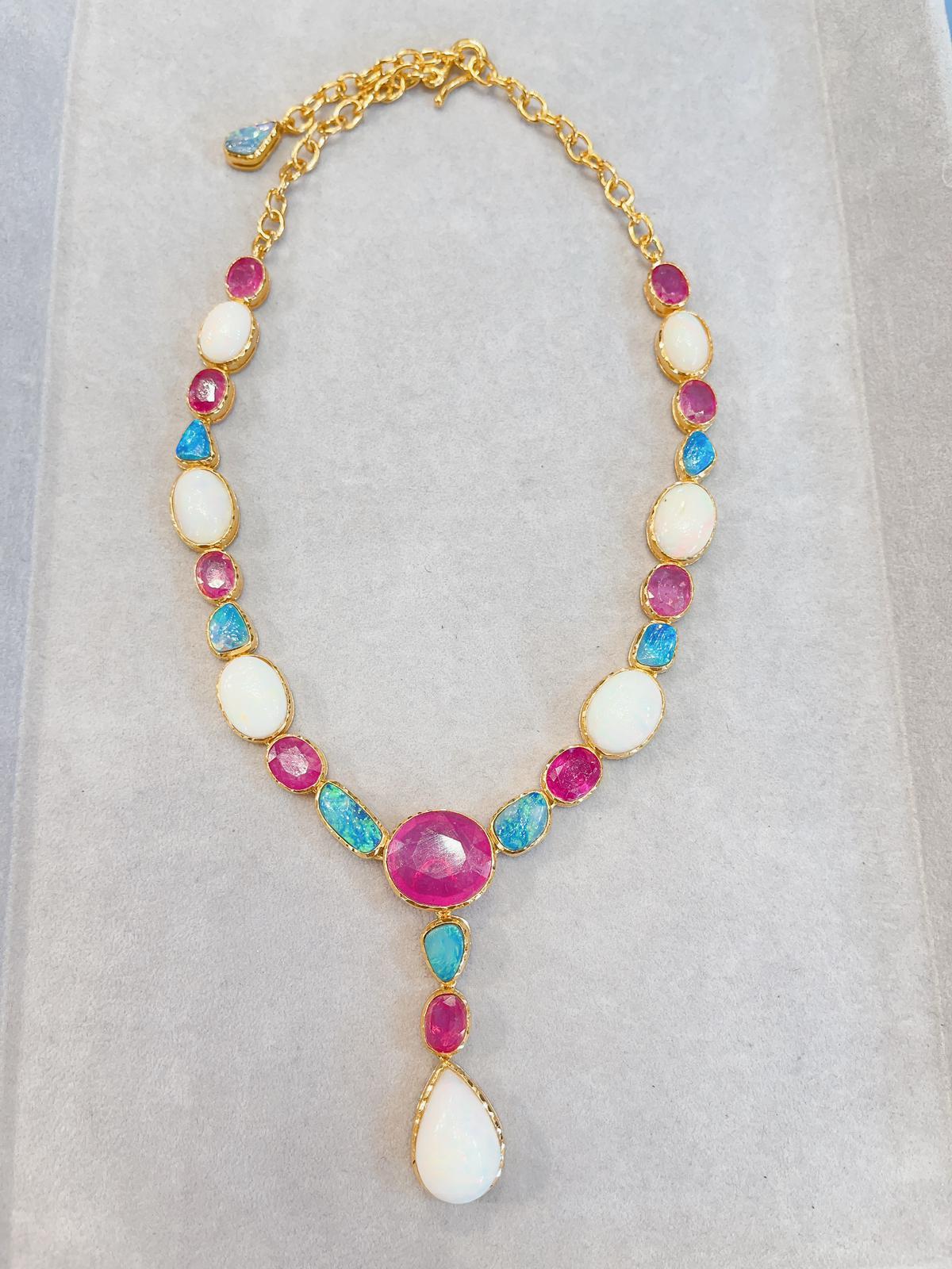 Bochic “Capri” Multi Natural Gem Necklace & Earrings, White / Blue Opal & Ruby For Sale 4