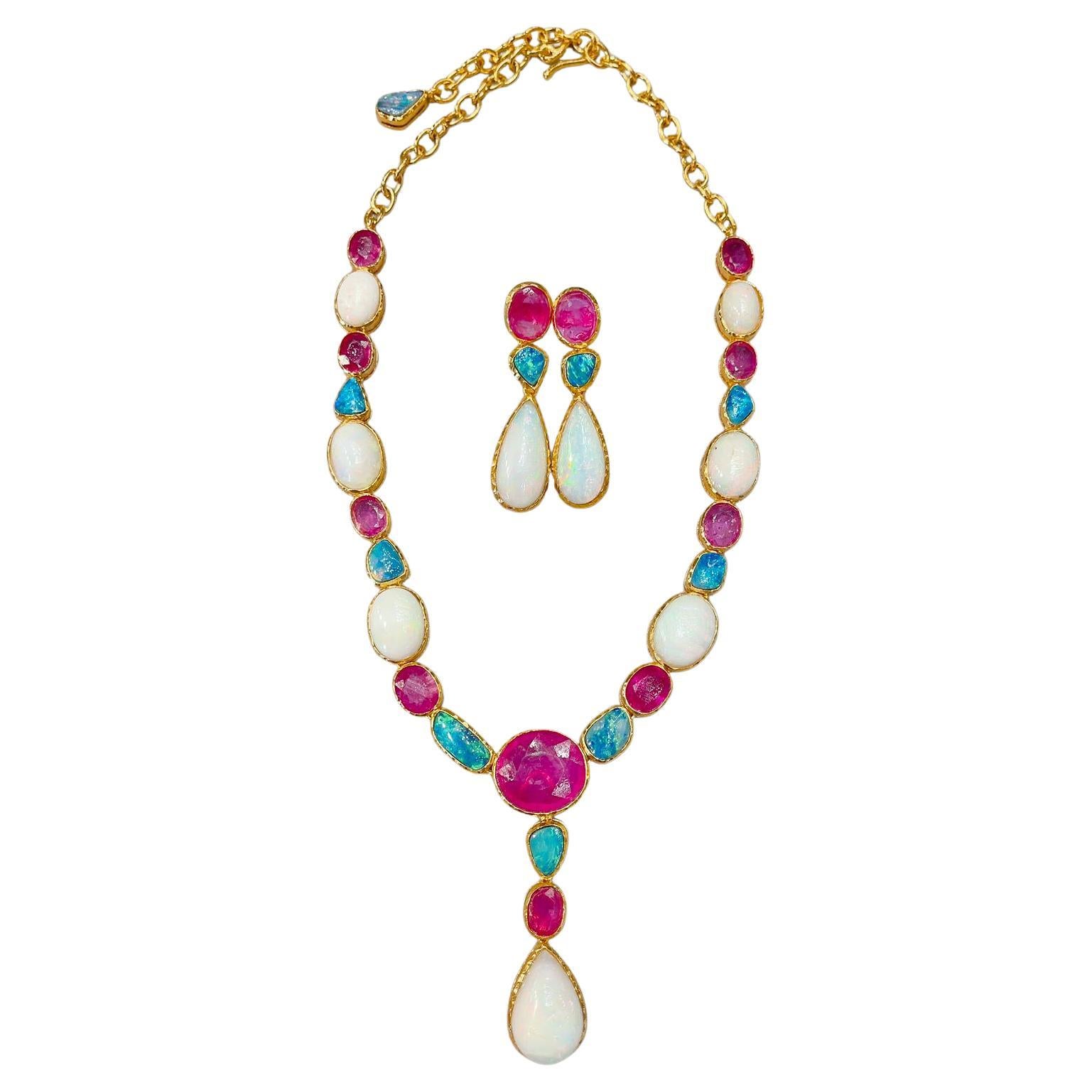 Bochic “Capri” Multi Natural Gem Necklace & Earrings, White / Blue Opal & Ruby For Sale