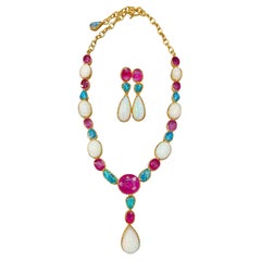 Bochic “Capri” Multi Natural Gem Necklace & Earrings, White / Blue Opal & Ruby