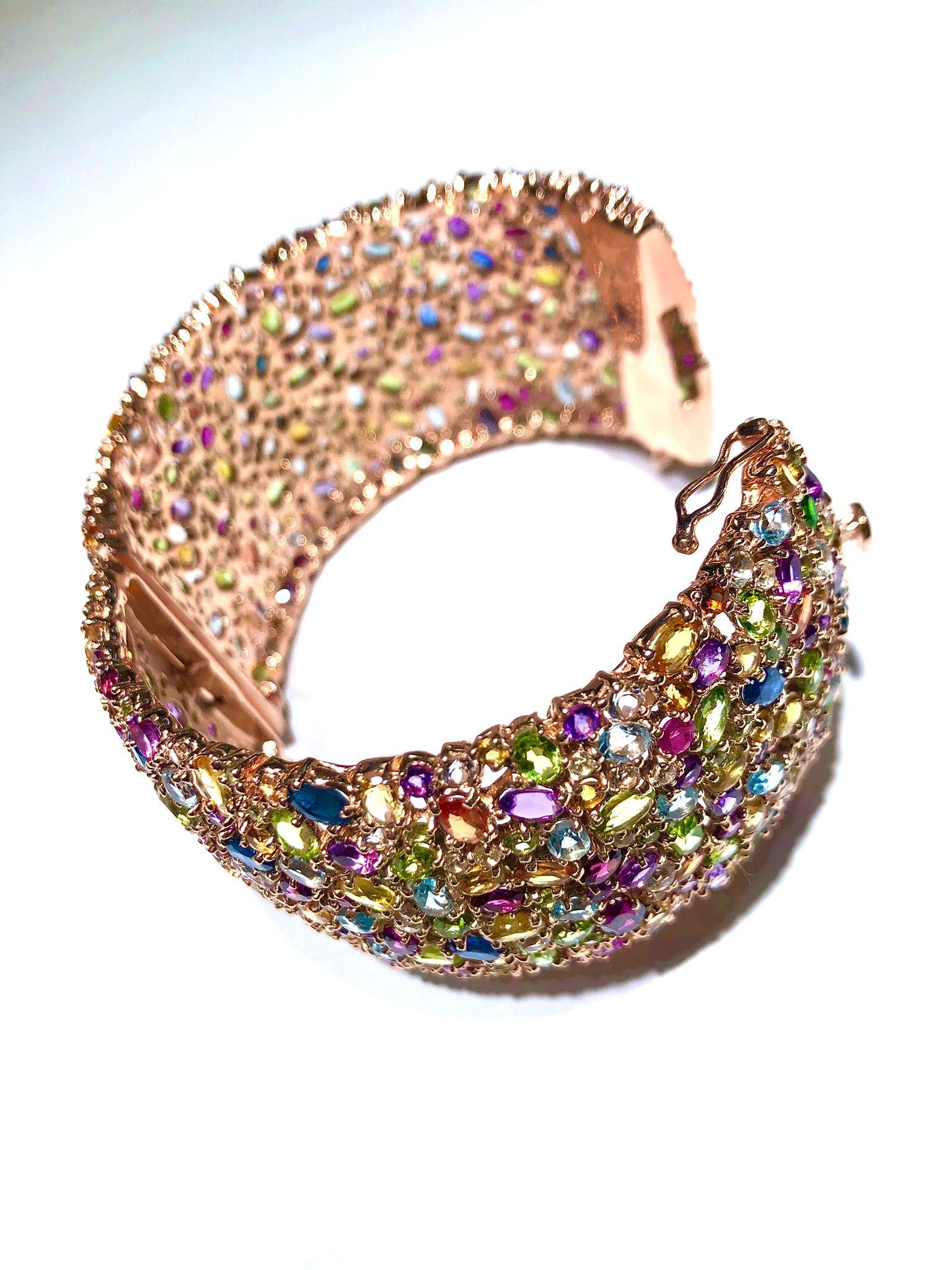 Brilliant Cut Bochic “Capri” Multi Sapphire & Multi Gem Bangle Set In 18K Gold & Silver For Sale