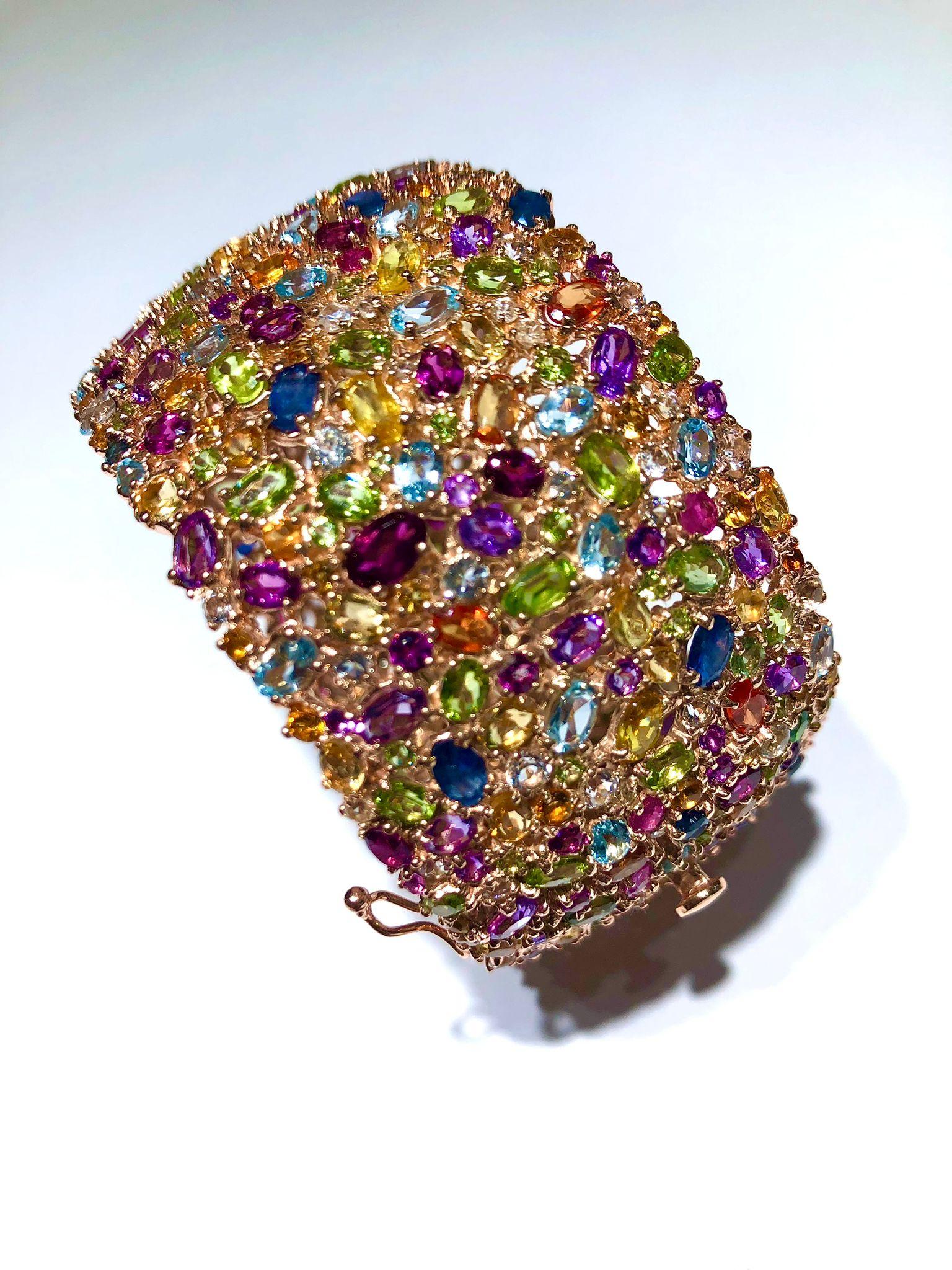 Women's or Men's Bochic “Capri” Multi Sapphire & Multi Gem Bangle Set In 18K Gold & Silver For Sale
