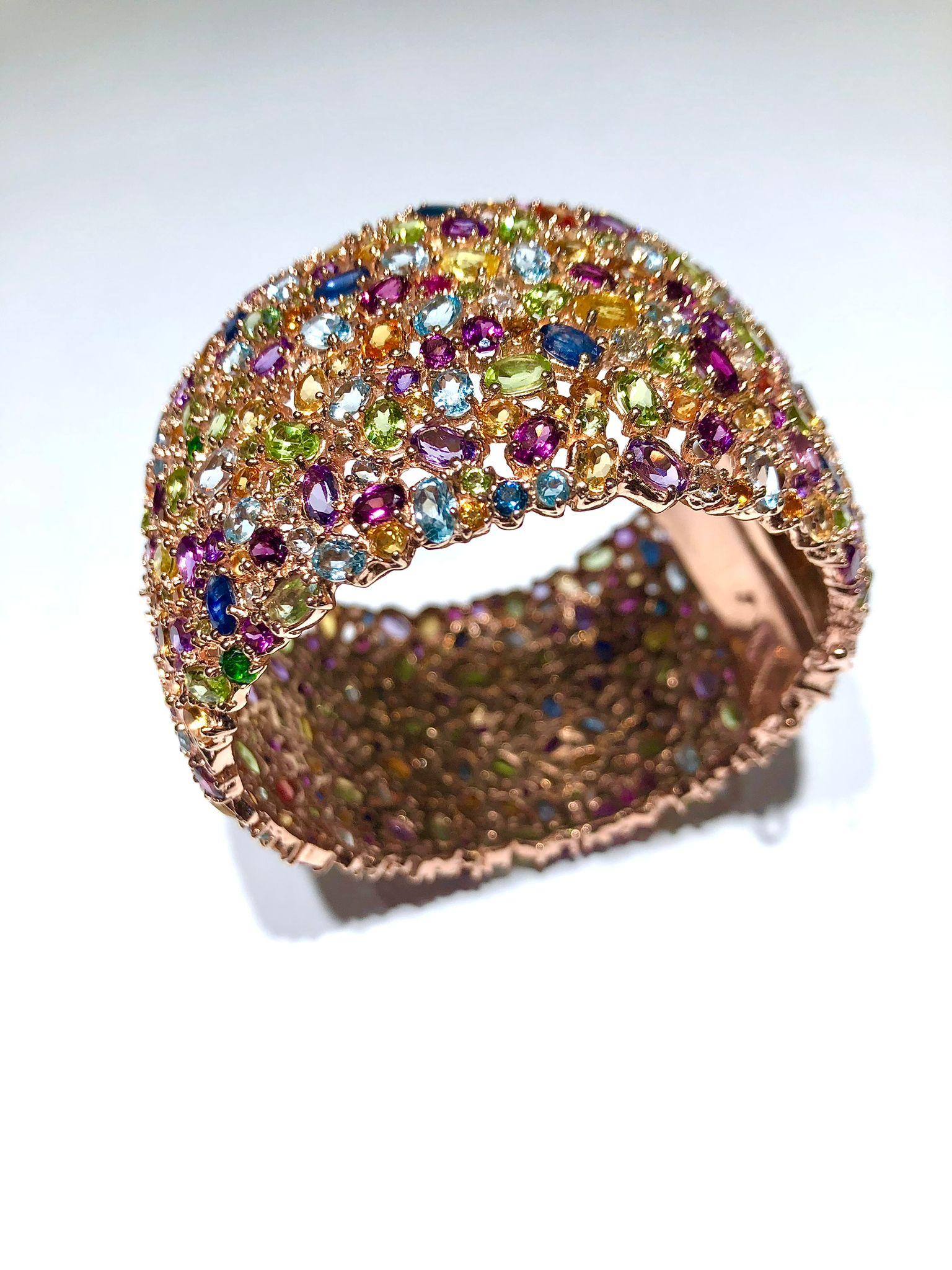 Bochic “Capri” Multi Sapphire & Multi Gem Bangle Set In 18K Gold & Silver For Sale 3