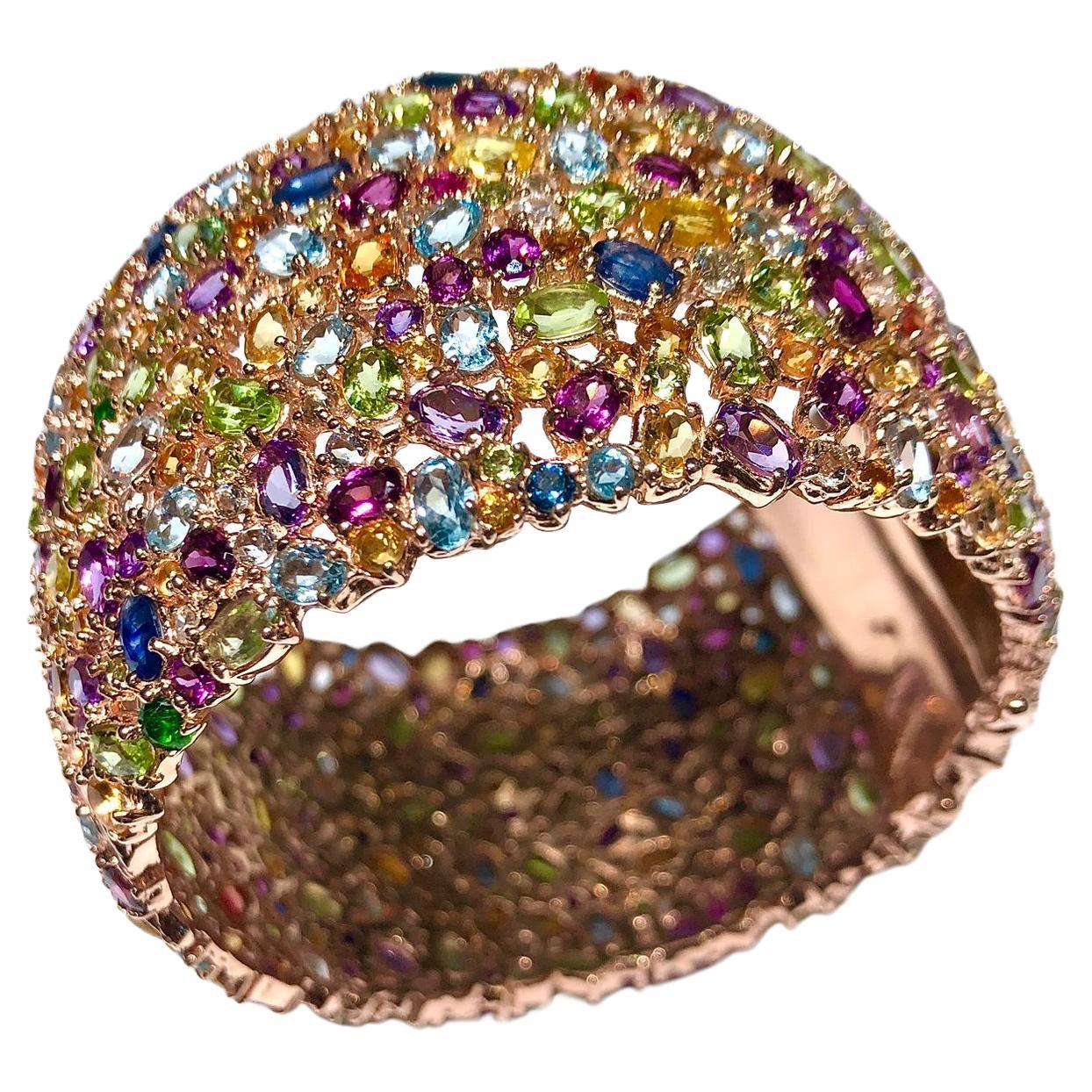 Bochic “Capri” Multi Sapphire & Multi Gem Bangle Set In 18K Gold & Silver For Sale