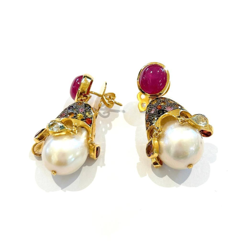Baroque Bochic “Capri” Multi Sapphire, Ruby & Pearl Earrings Set In 18K Gold & Silver For Sale