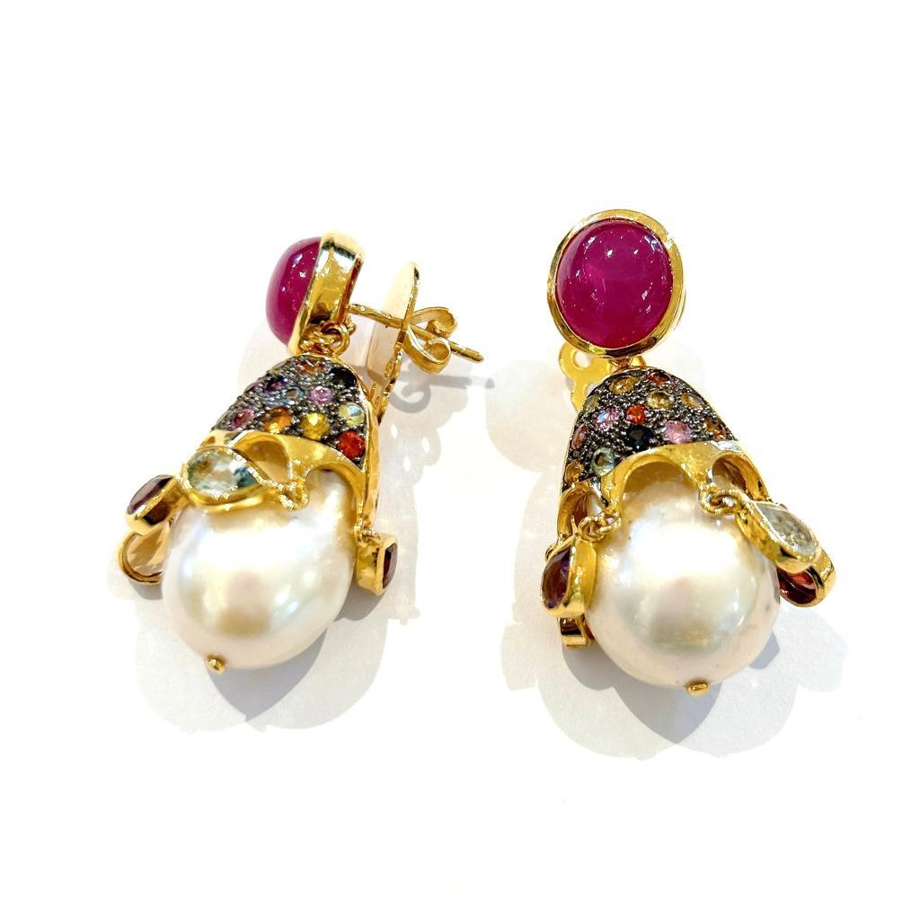 Brilliant Cut Bochic “Capri” Multi Sapphire, Ruby & Pearl Earrings Set In 18K Gold & Silver For Sale