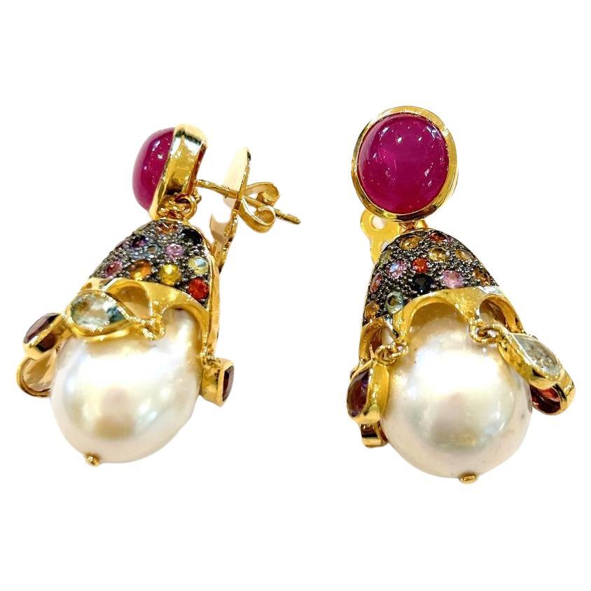Bochic “Capri” Multi Sapphire, Ruby & Pearl Earrings Set In 18K Gold & Silver For Sale