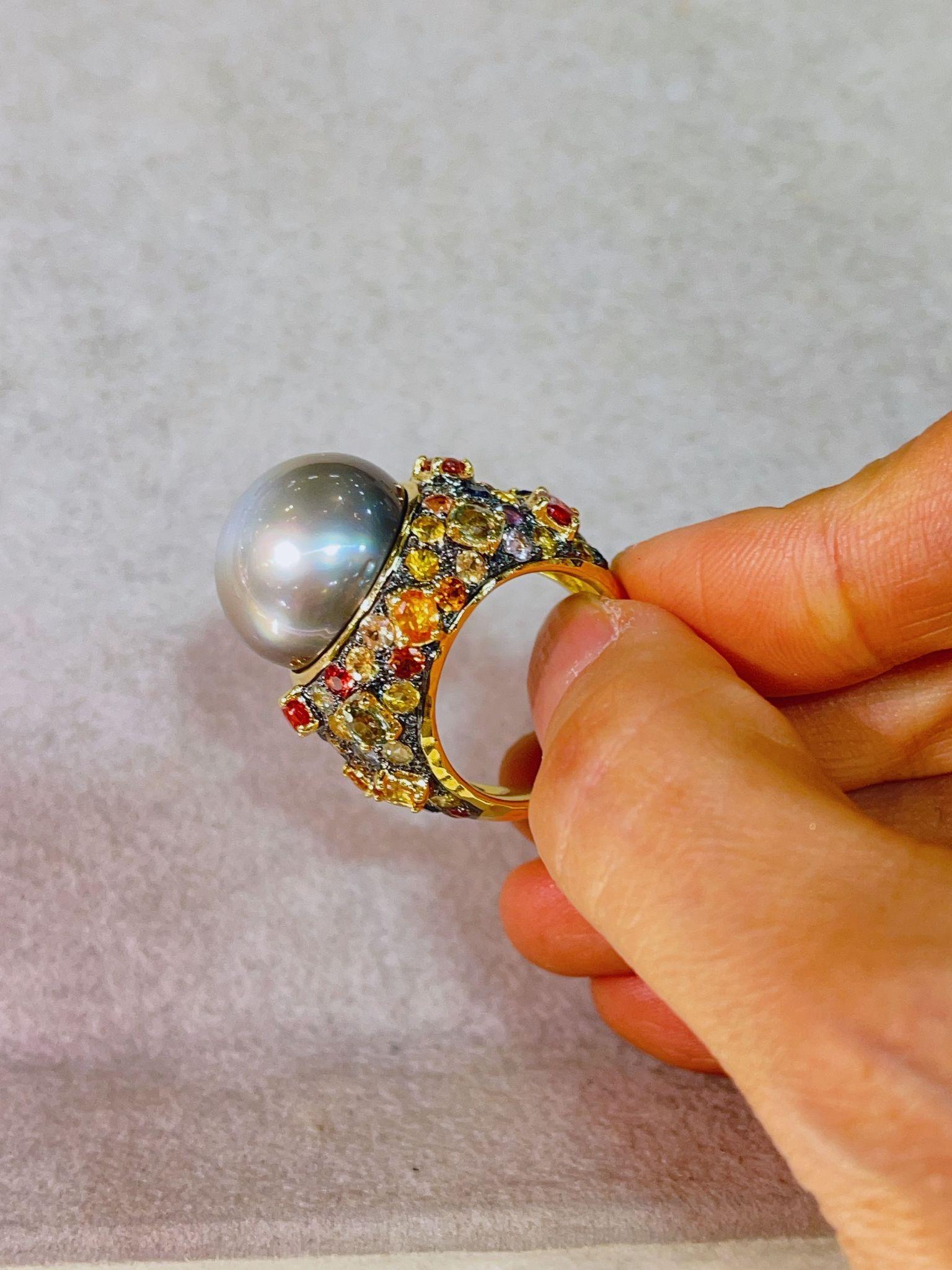 Bochic “Capri” Multi Sapphire & Tahiti Pearl Ring Set In 18K Gold & Silver  For Sale 4