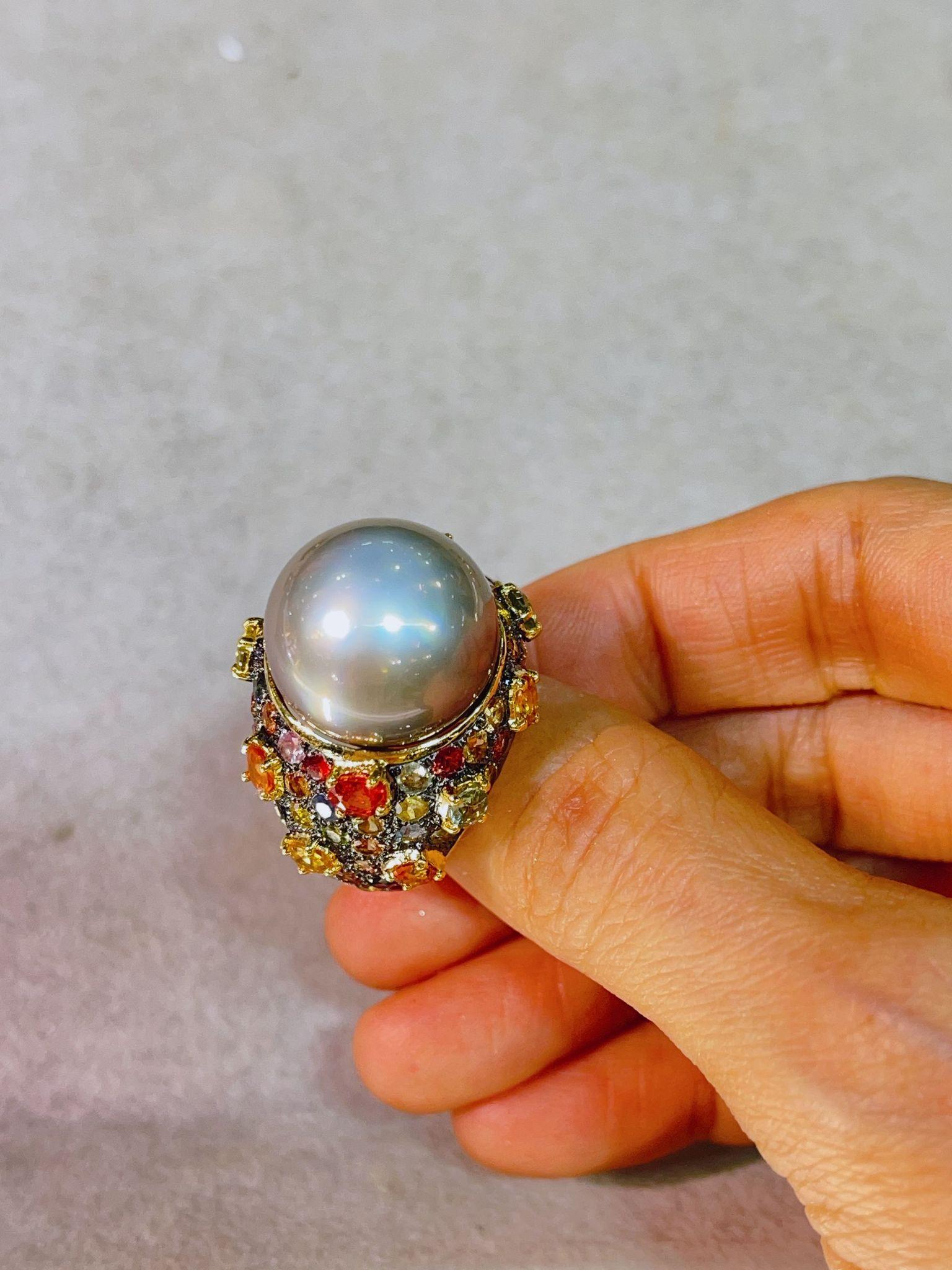 Bochic “Capri” Multi Sapphire & Tahiti Pearl Ring Set In 18K Gold & Silver  For Sale 5