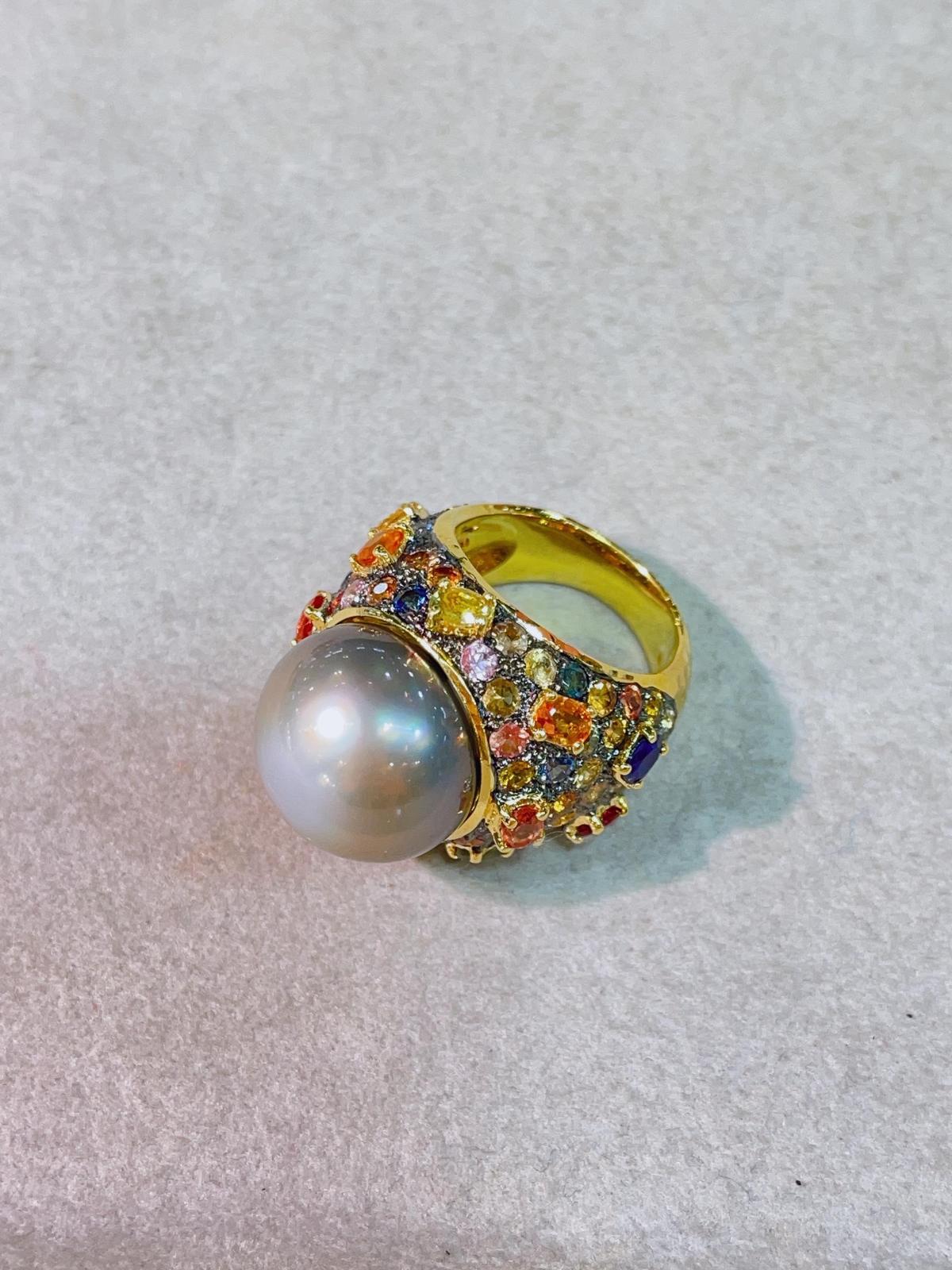 Baroque Bochic “Capri” Multi Sapphire & Tahiti Pearl Ring Set In 18K Gold & Silver  For Sale