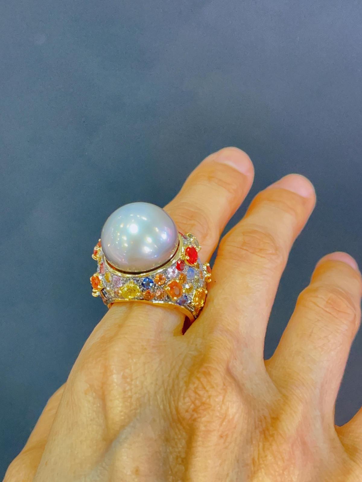 Bochic “Capri” Multi Sapphire & Tahiti Pearl Ring Set In 18K Gold & Silver  In New Condition For Sale In New York, NY