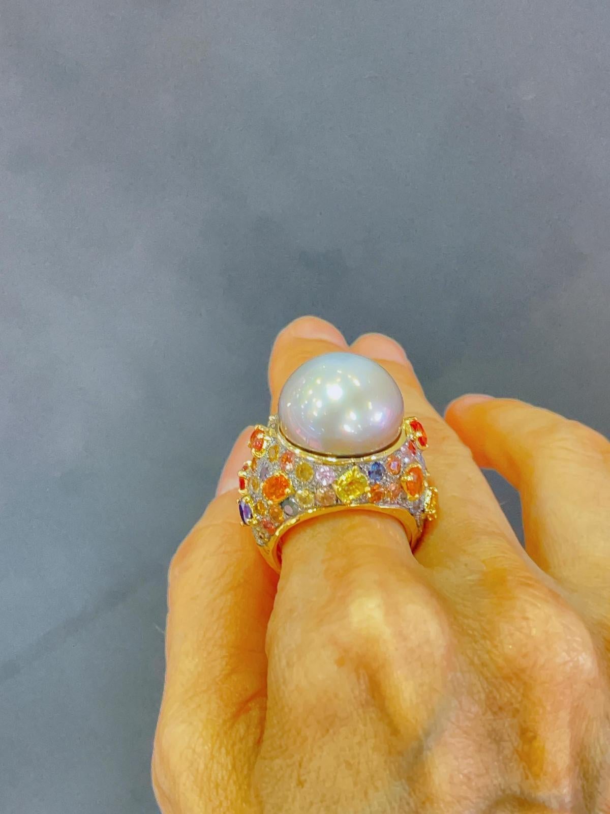 Bochic “Capri” Multi Sapphire & Tahiti Pearl Ring Set In 18K Gold & Silver  For Sale 1
