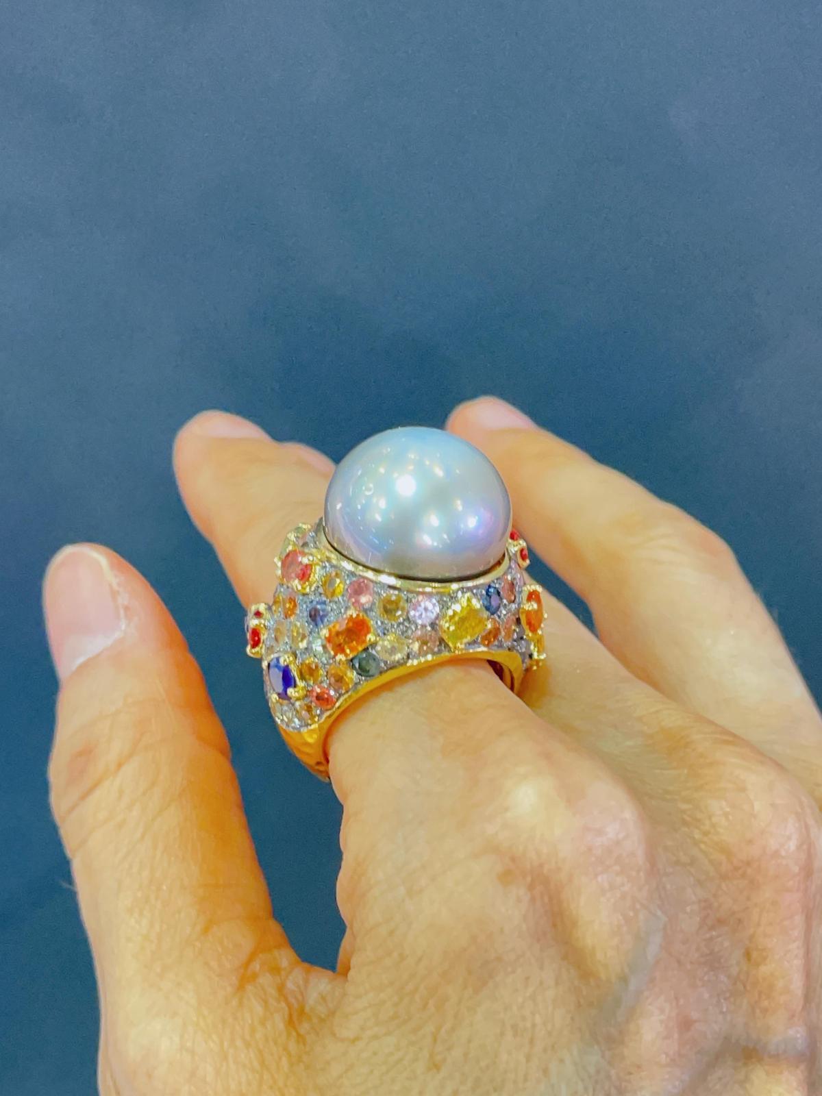 Bochic “Capri” Multi Sapphire & Tahiti Pearl Ring Set In 18K Gold & Silver  For Sale 2