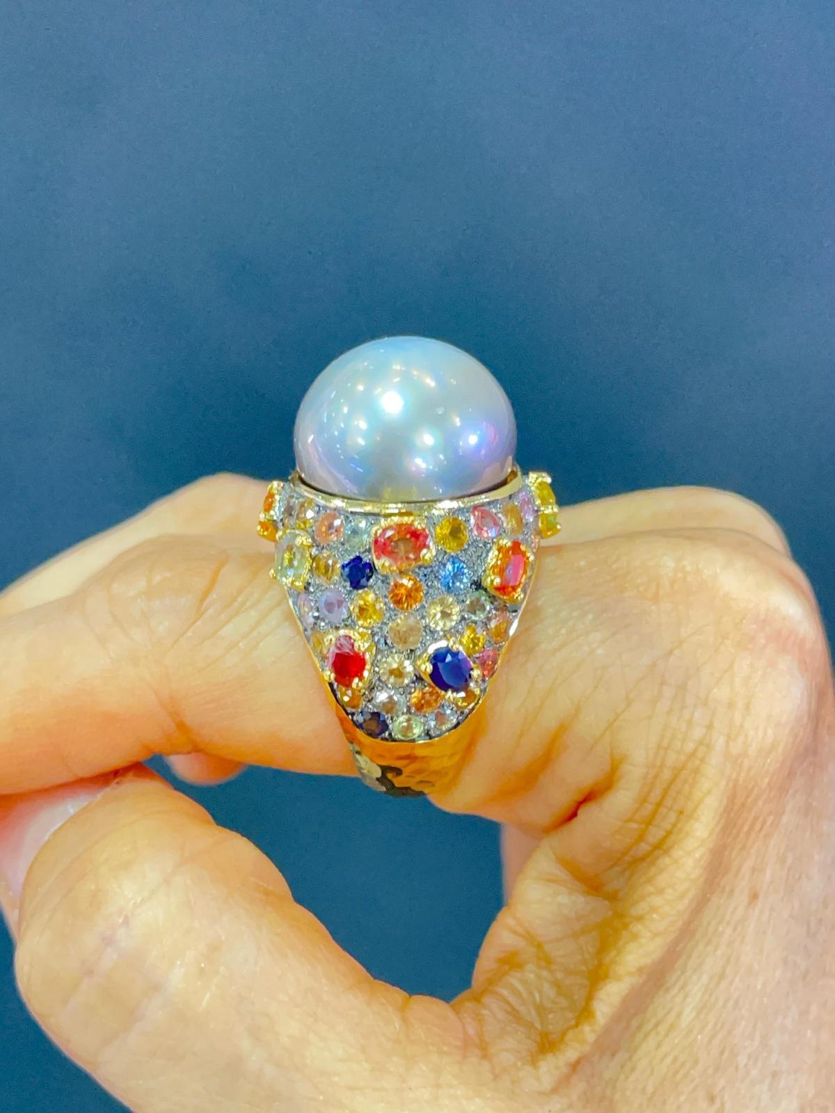 Bochic “Capri” Multi Sapphire & Tahiti Pearl Ring Set In 18K Gold & Silver  For Sale 3
