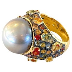 Bochic “Capri” Multi Sapphire & Tahiti Pearl Ring Set In 18K Gold & Silver 