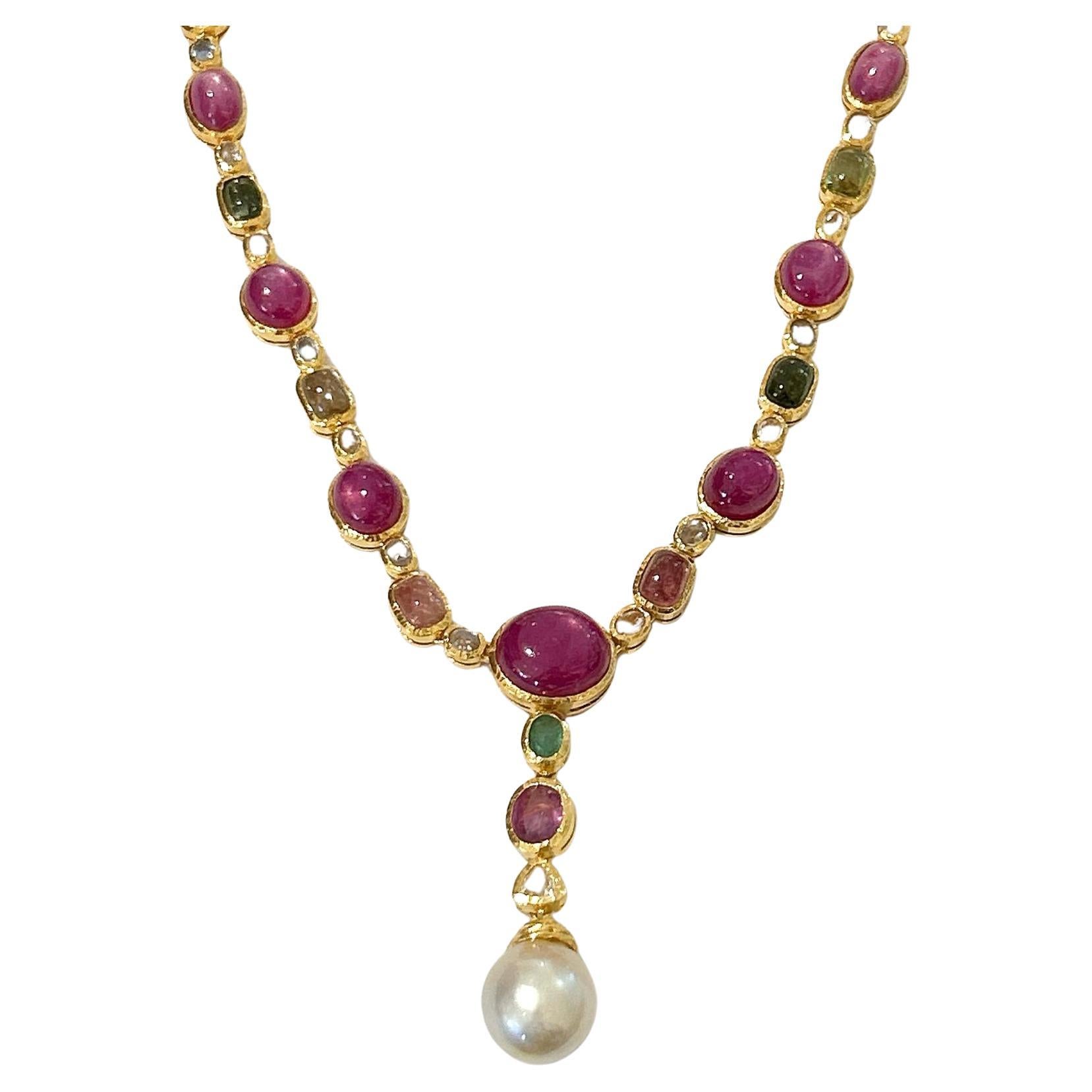 Bochic "Capri" Multi Sapphires & Rubies Necklace Set In 18K Gold & Silver For Sale