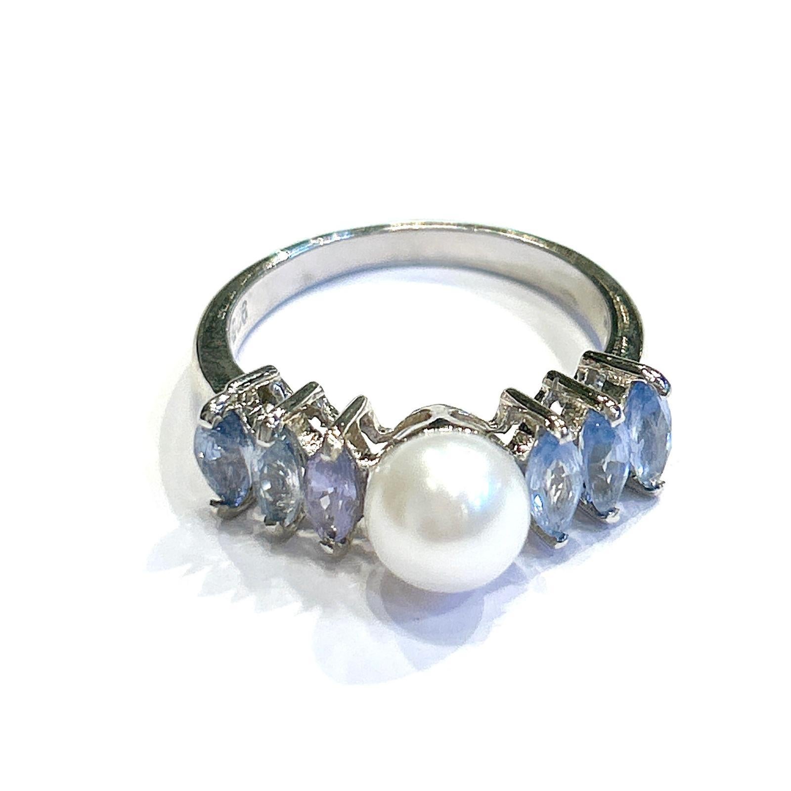 Marquise Cut Bochic “Capri” Multi Tanzanite & Akoya Pearl Ring Set In 18K Gold & Silver For Sale