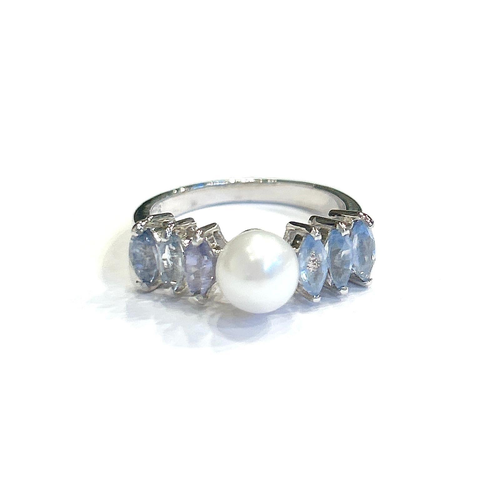 Women's or Men's Bochic “Capri” Multi Tanzanite & Akoya Pearl Ring Set In 18K Gold & Silver For Sale