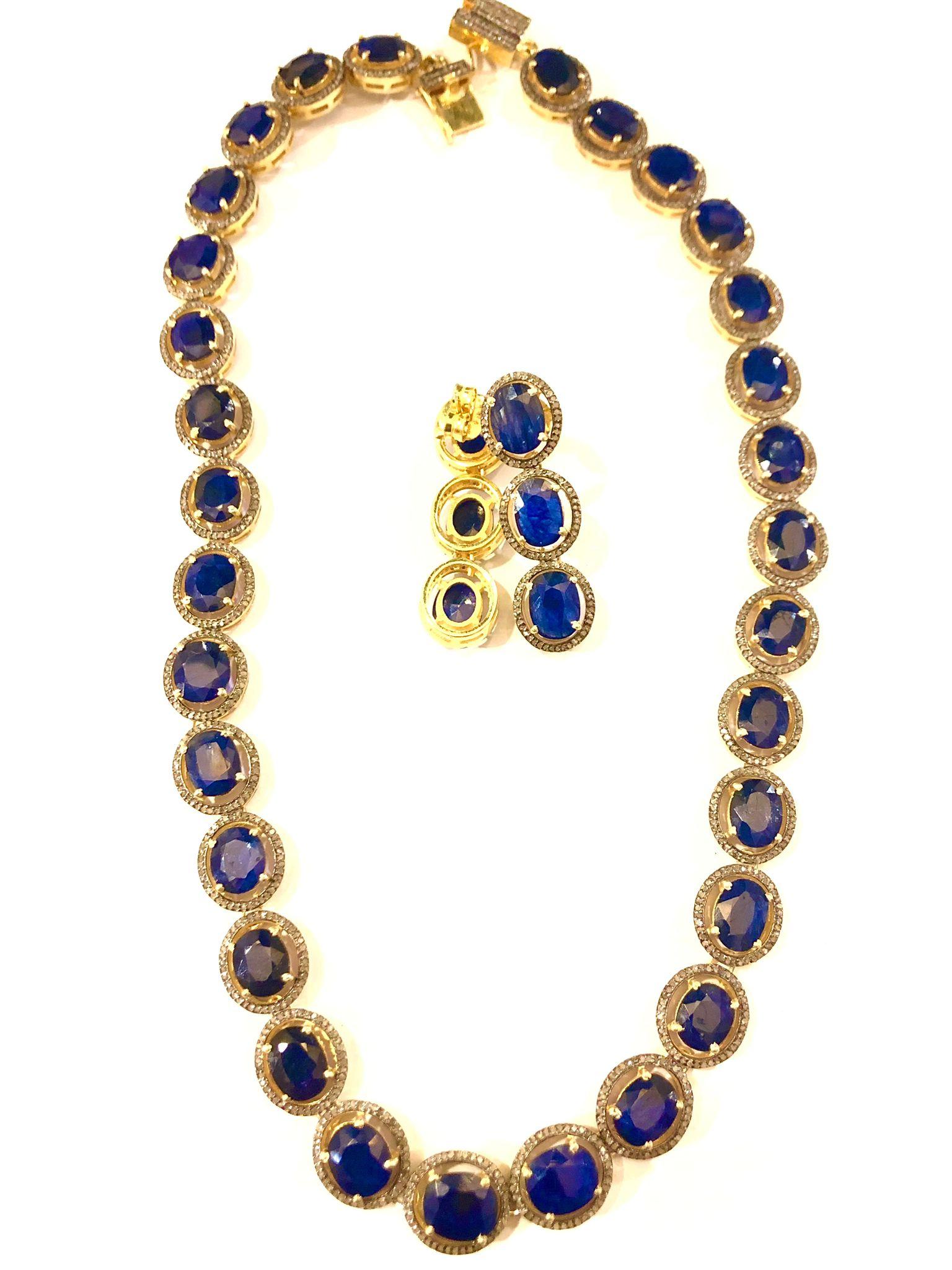 Women's or Men's Bochic “Capri” Natural Blue Sapphire & Diamond Necklace & Earrings Set 18K Gold For Sale