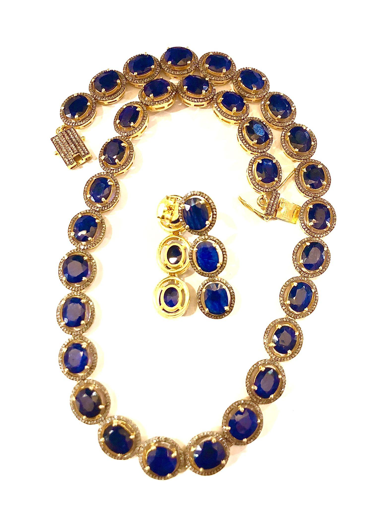 Bochic “Capri” Natural Blue Sapphire & Diamond Necklace & Earrings Set 18K Gold For Sale 1