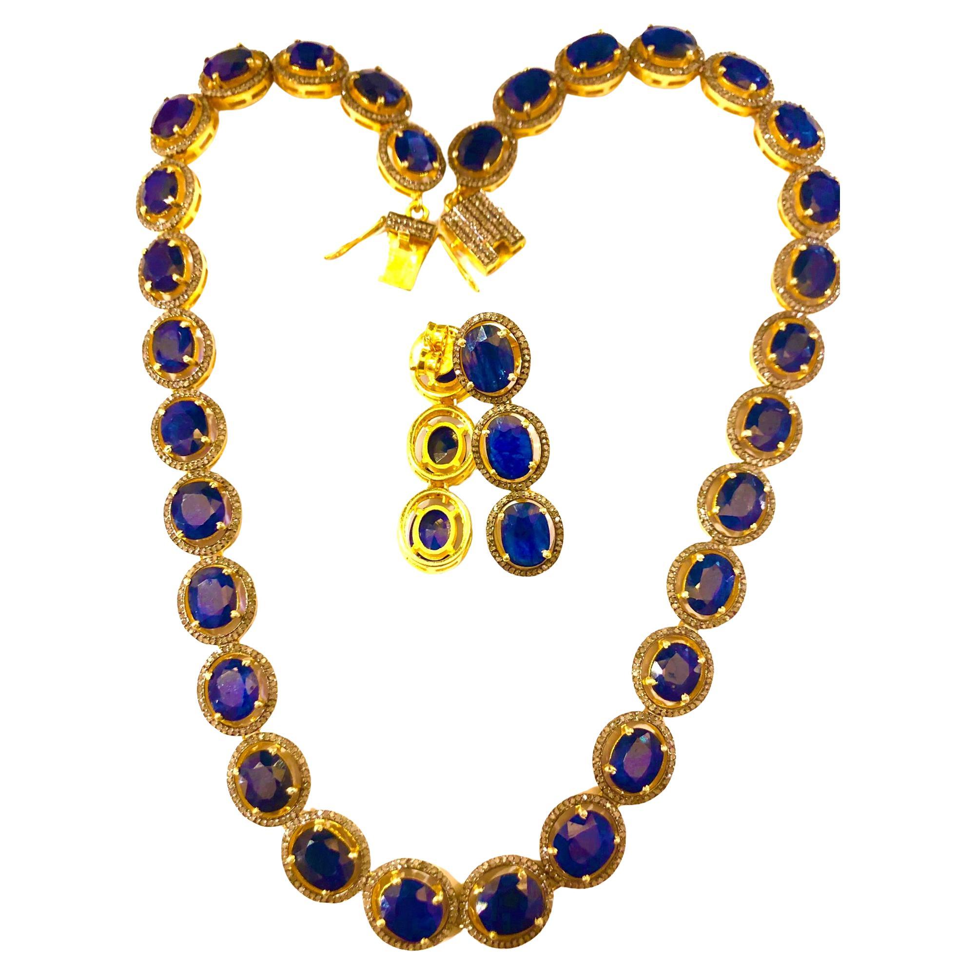 Bochic “Capri” Natural Blue Sapphire & Diamond Necklace & Earrings Set 18K Gold For Sale